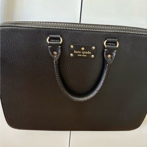 Kate Spade black leather laptop briefcase with a long strap.